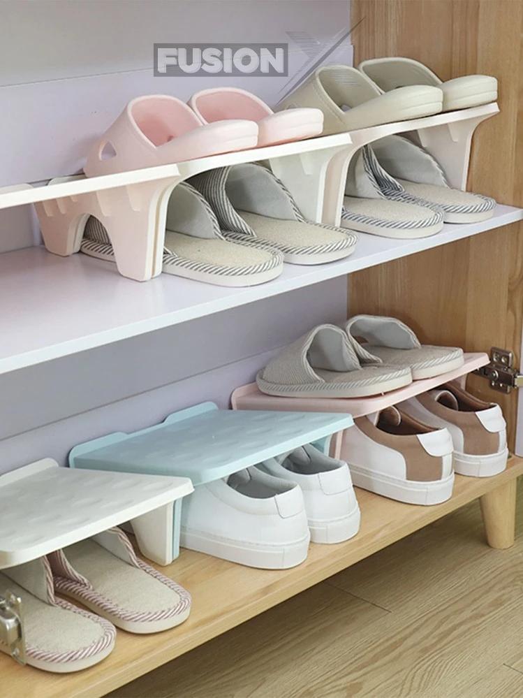 Space-saving double decker shoe organizer for small spaces.
