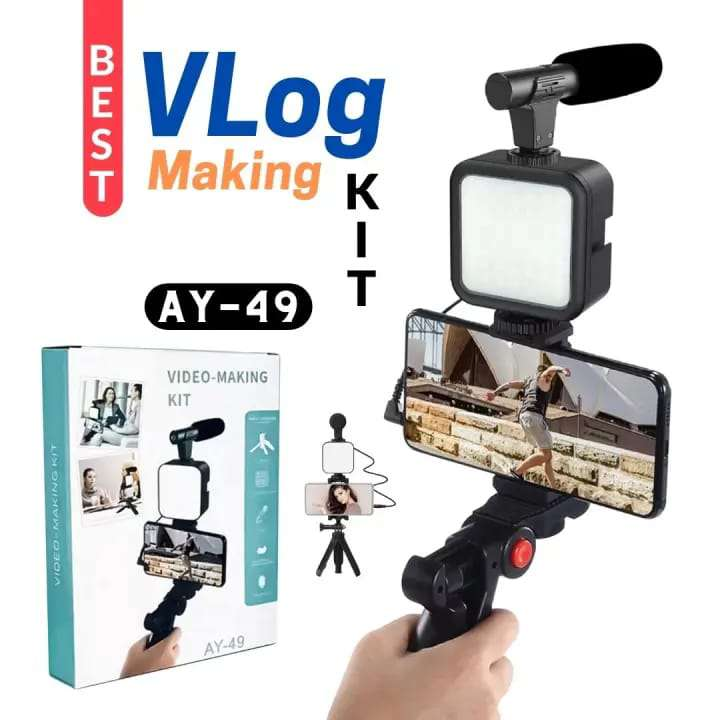 ALL IN ONE AY-49 Vlogging Video Making Kit for Live Streaming Vlogging Self-Portrait Photography, Video Making kit, with stand,Led Light, Mobile Holder.