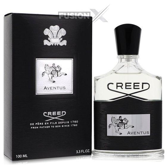 Elegant Creed Aventus 100ml bottle displayed on a marble surface.
