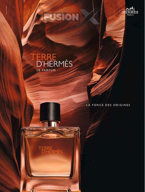 Close-up of Terre d'Hermès fragrance, a luxurious blend of citrus and woody notes.
