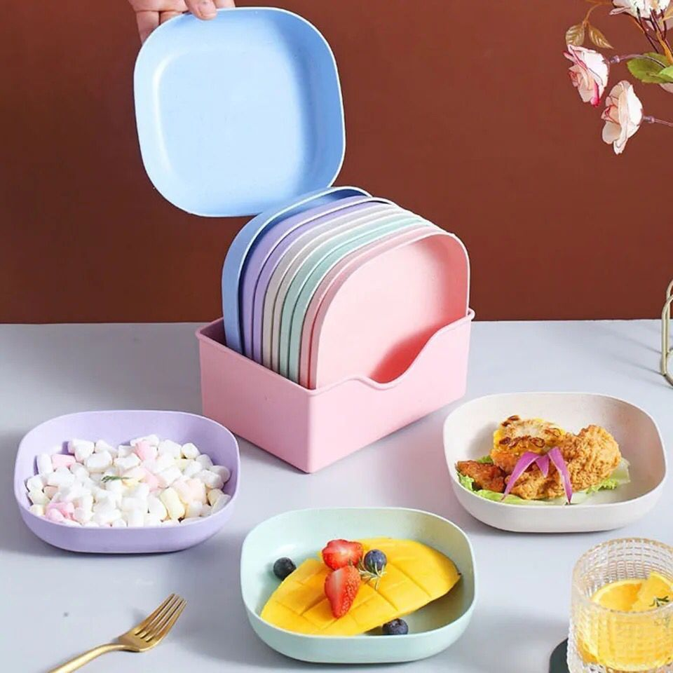 Vibrant Square Plastic Dinner Plate Set: 10-Piece Ensemble with Stand | Perfect for Snacks and Breakfast