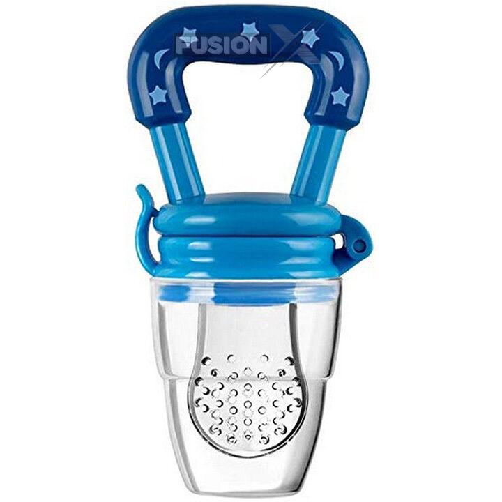 "Baby holding silicone fruit feeder pacifier for healthy snacks and teething relief"





