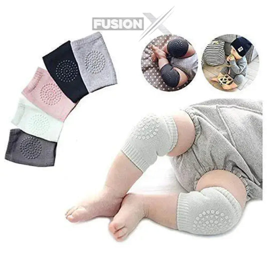 Soft cotton baby knee pads with non-slip design for crawling, available at Fusionx.pk in multiple colors