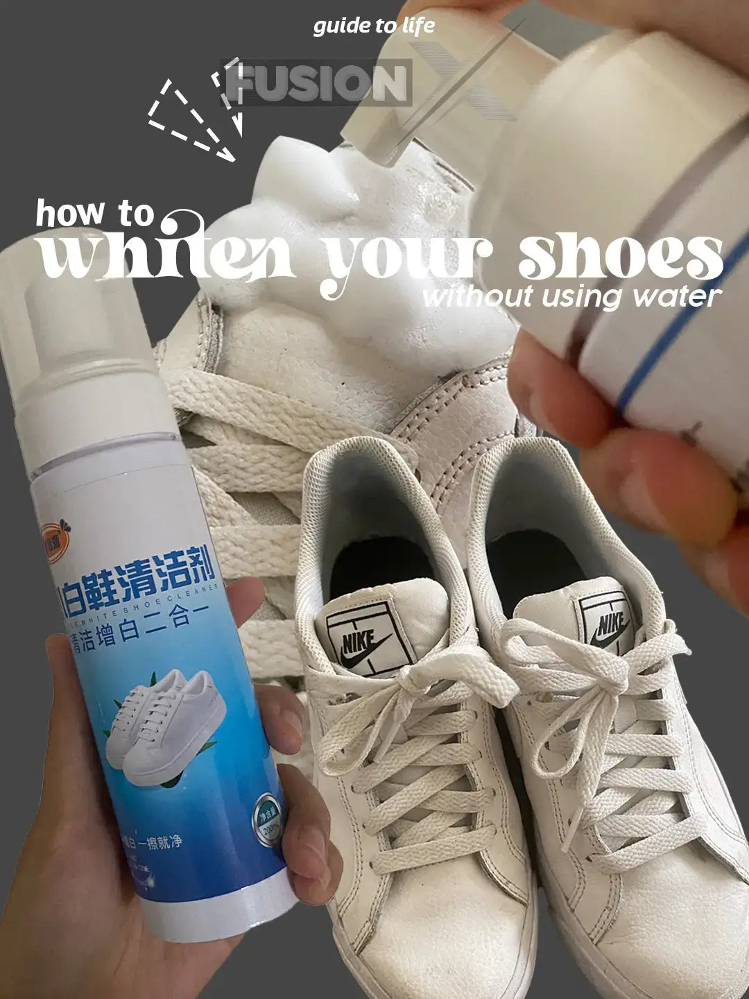 "Explution White Shoe Cleaner in a bottle, ideal for brightening and protecting shoes."